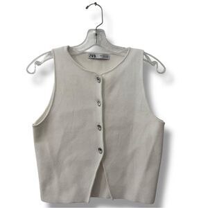 Zara Knit Vest S White Cropped Silver Button Tailored Minimal Chic Top